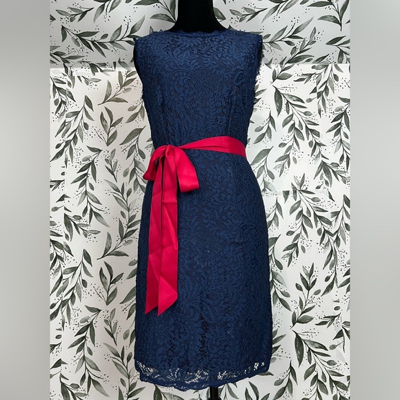Dresses & Skirts - Retro Vintage Navy Blue Lace Sleeveless Dress Vibrant Red Satin Sash Size M #D